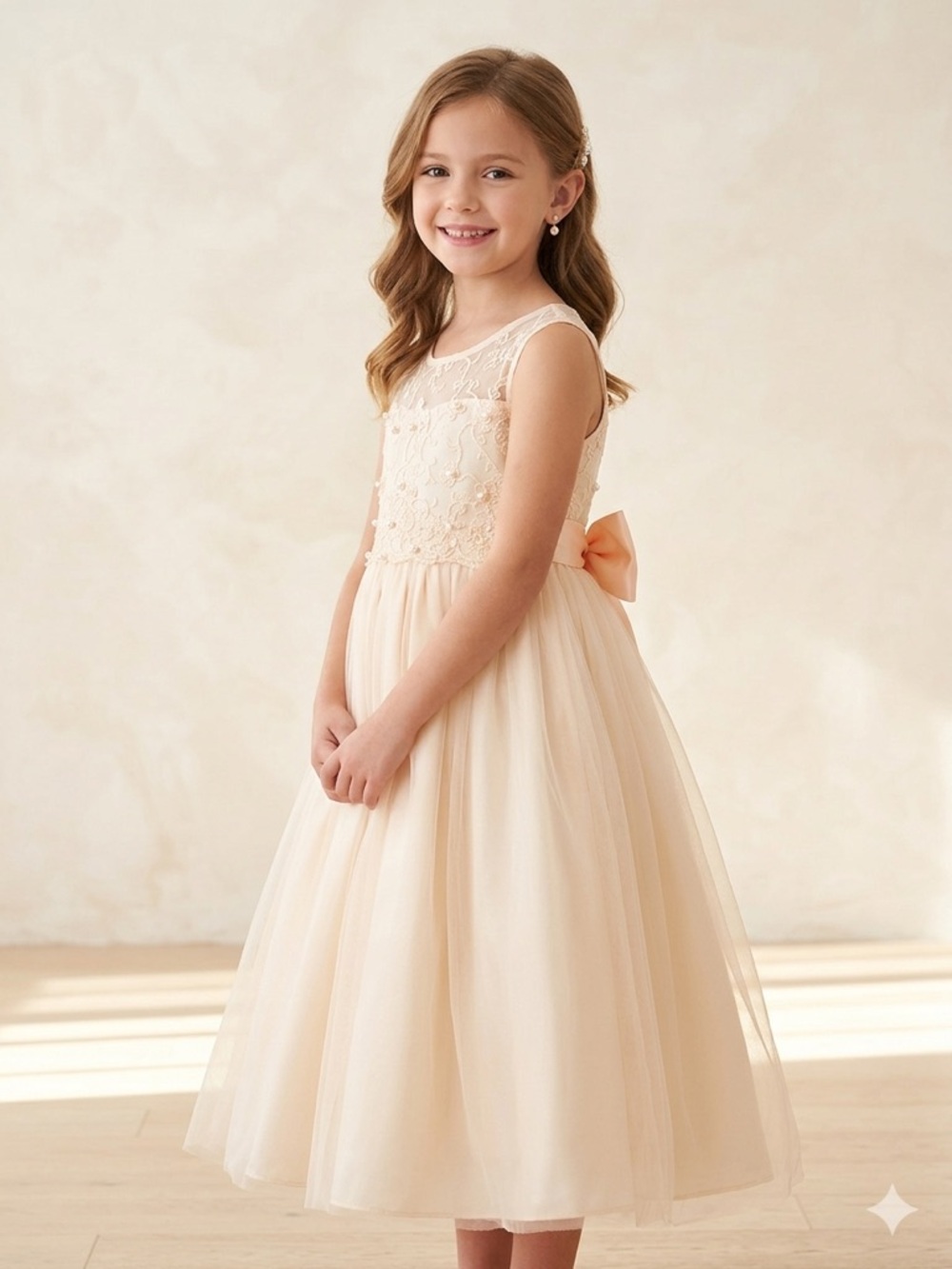 Girls' Cream Lace Tulle Dress with Bow fits to 14